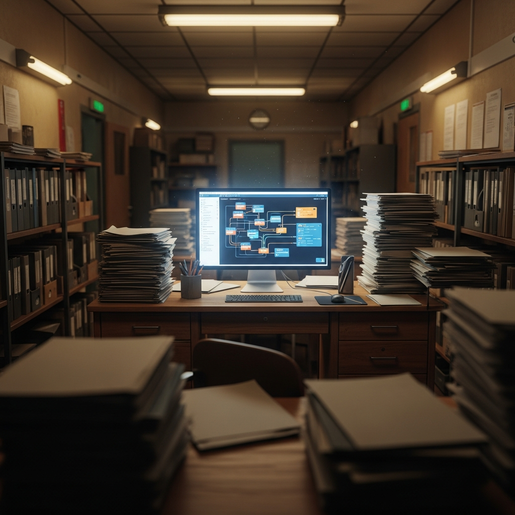 A dimly lit hospital administrative back-office, papers stacked high on desks, c