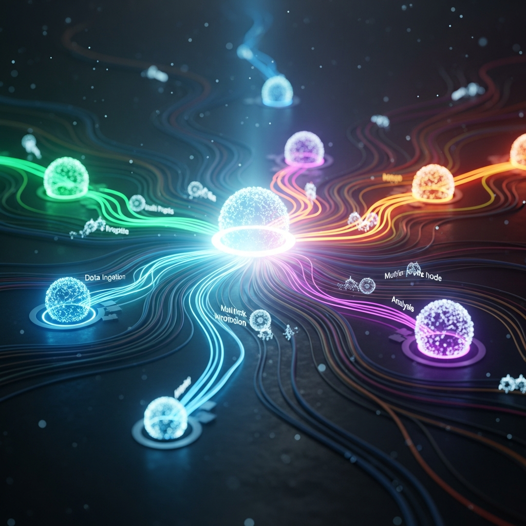 Abstract visualization of complex data pipelines intersecting with glowing nodes