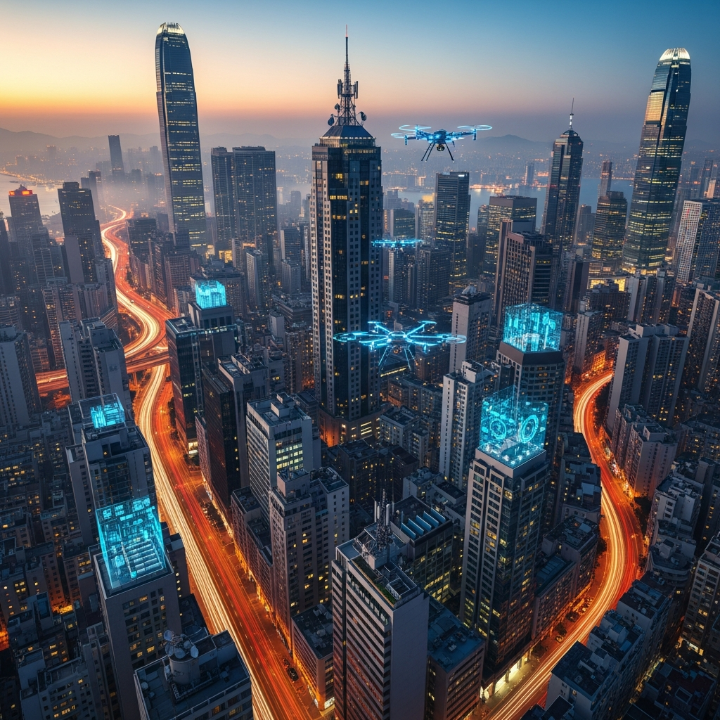 A dense Asian metropolis skyline at twilight, emphasizing the concrete economic