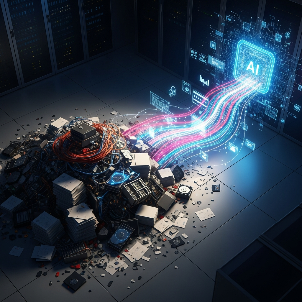 A visual metaphor contrasting a messy, chaotic pile of data with a clean, organi
