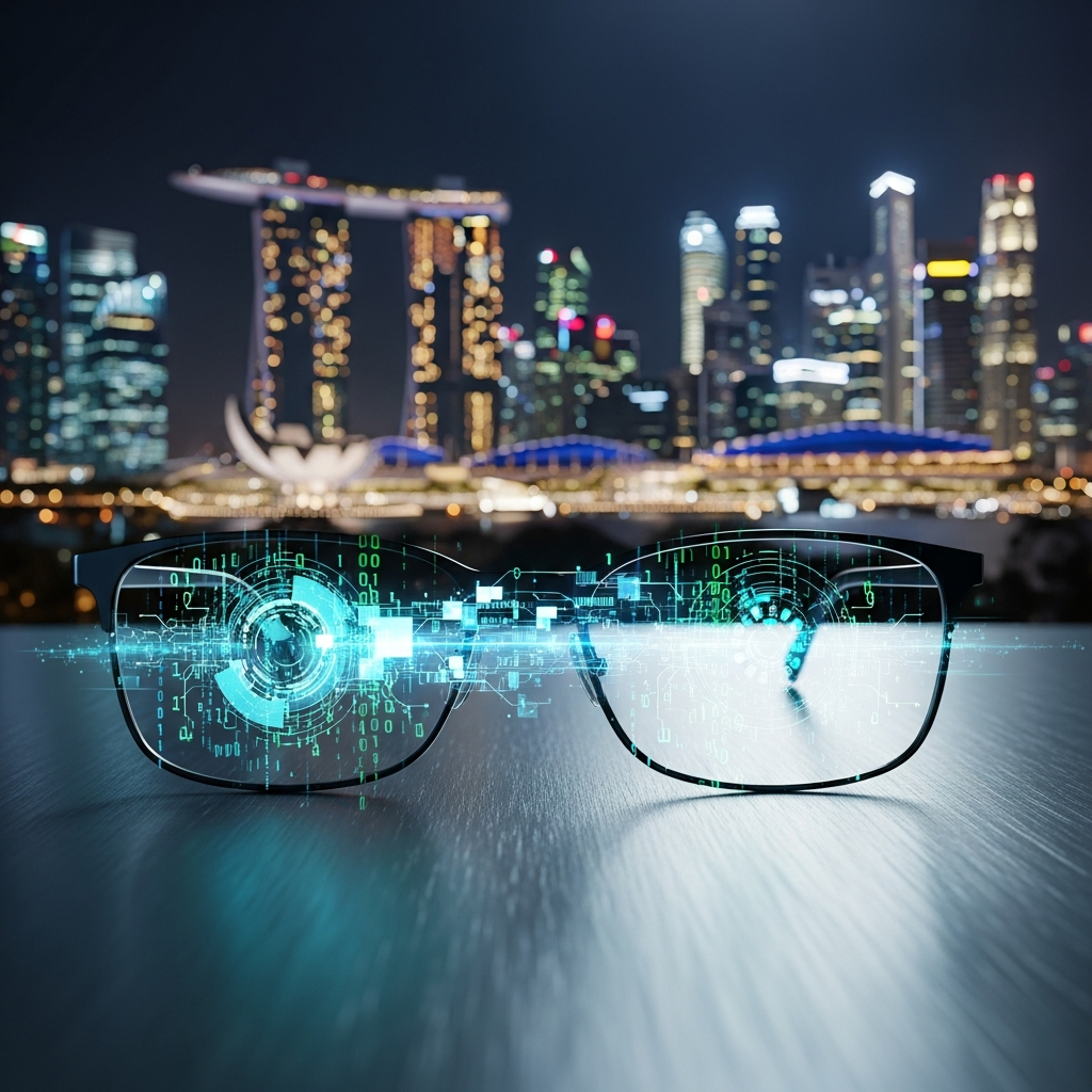 A pair of sleek, dark-rimmed glasses resting on an aluminum desk, reflecting a s