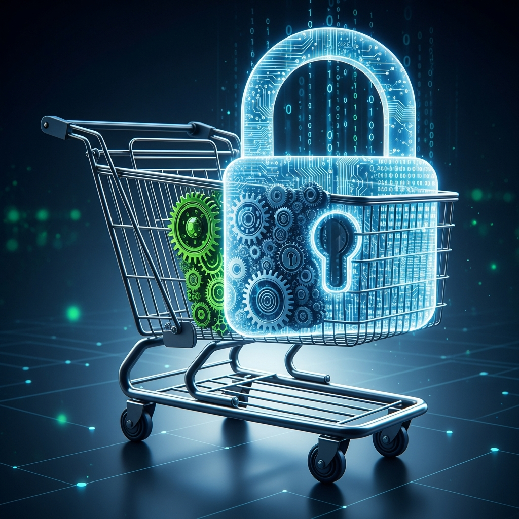 A stylized, high-contrast digital abstract of a shopping cart merging with a cry