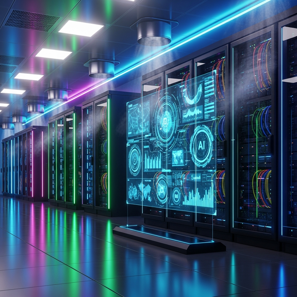 A sleek, modern server room in Southeast Asia, with neon accents reflecting off