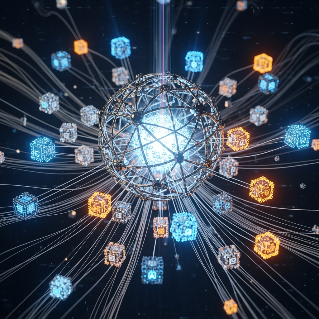 A complex, glowing network diagram showing multiple nodes (representing AI agent