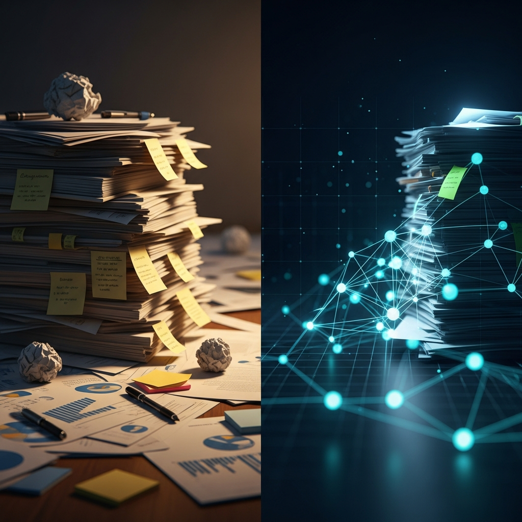 A split-screen visual: on the left, a blurry, chaotic stack of physical paperwor