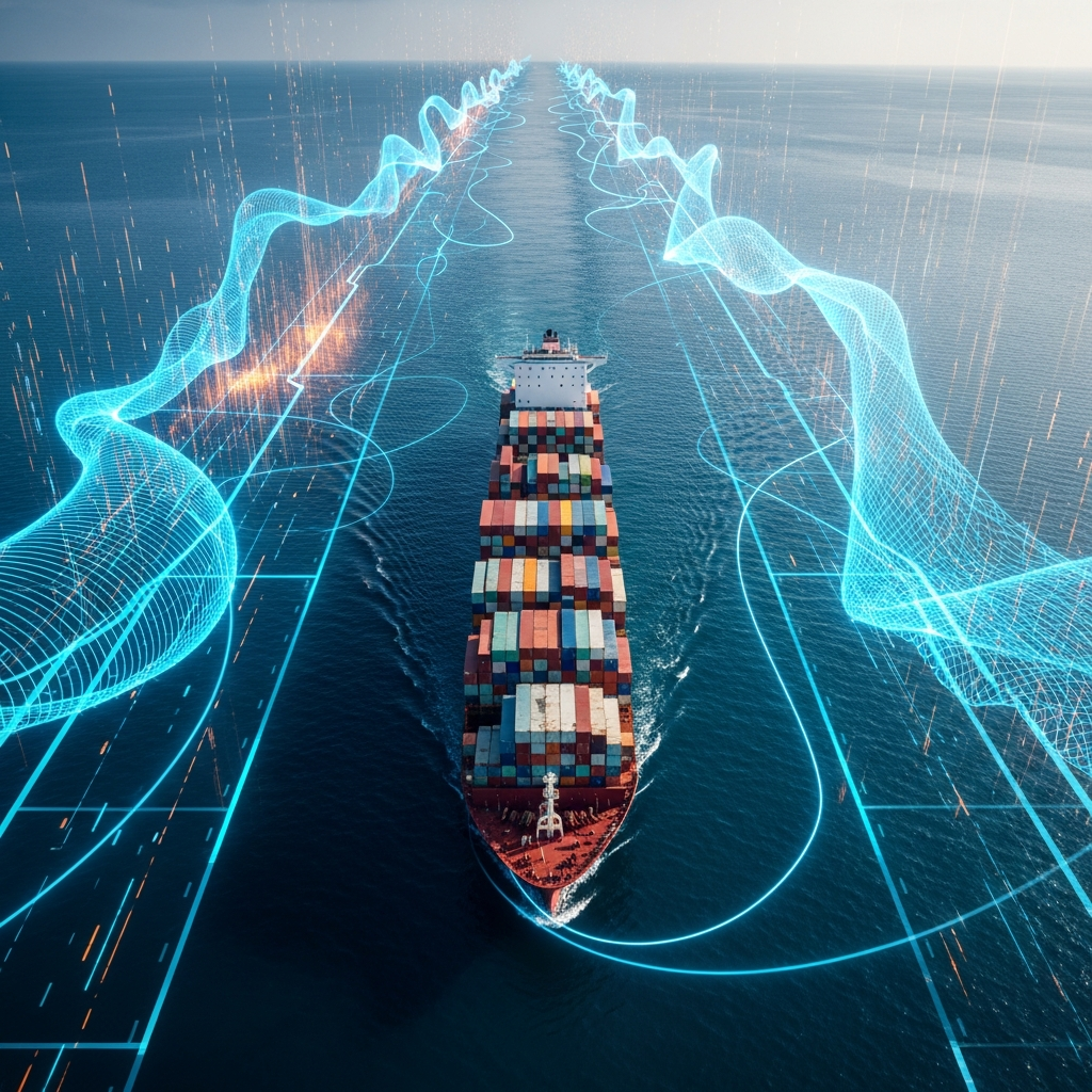 A stark, top-down view of a cargo ship passing through a narrow strait, overlaid