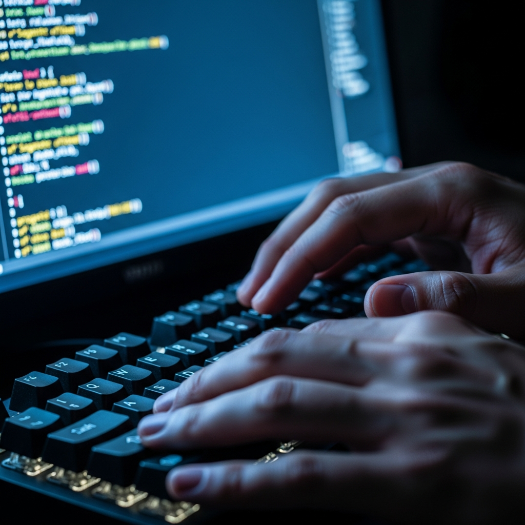 A close-up of a developer's hands on a mechanical keyboard, illuminated solely b