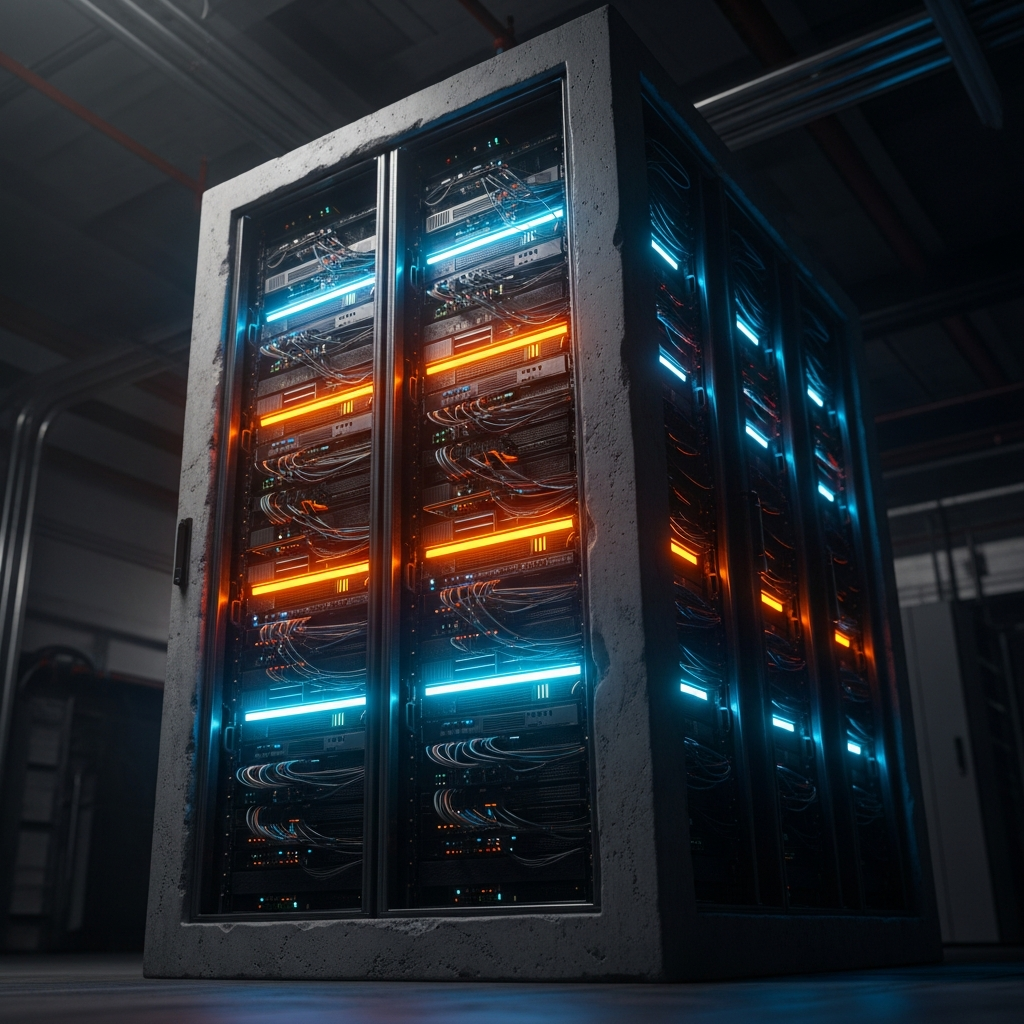 A stark, brutalist server rack glowing faintly with orange and blue lights, symb