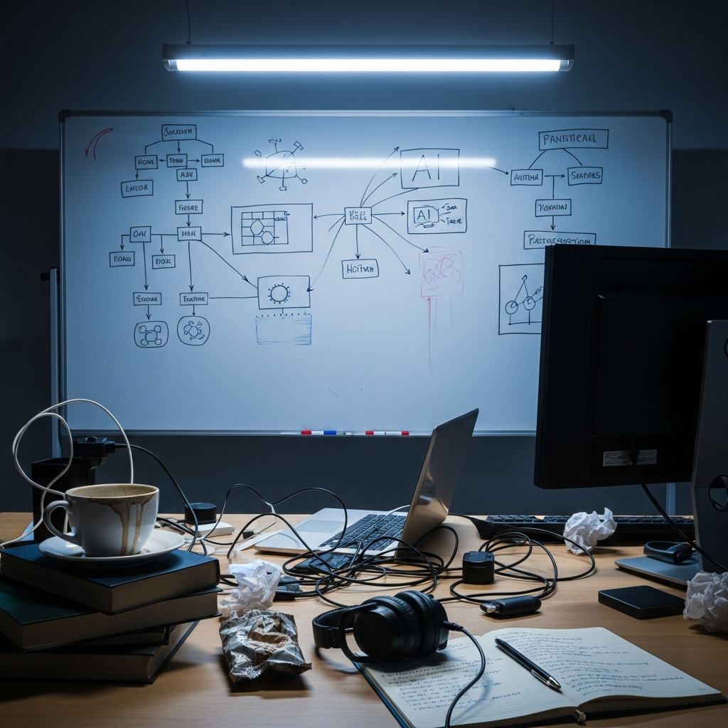 A messy, realistic startup desk in Singapore with a half-empty coffee cup, archi