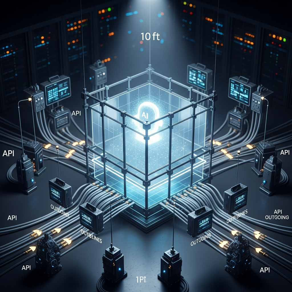 A stark architectural diagram showing an AI agent enclosed in a strict, impenetr