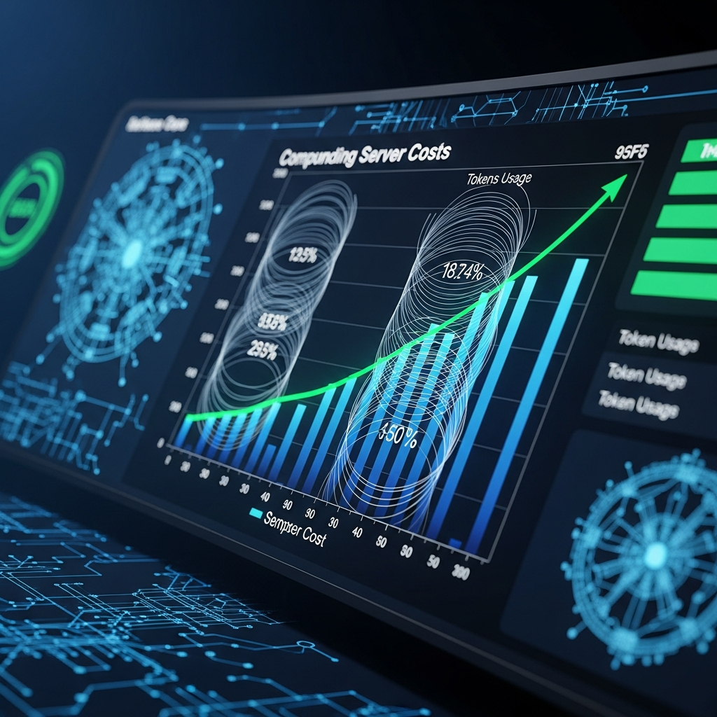 A stark, high-contrast dashboard showing compounding server costs overlaid with