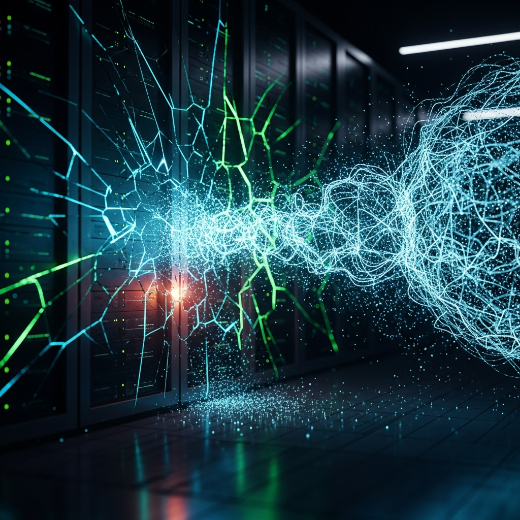 A fractured corporate security perimeter, represented by glowing digital walls w