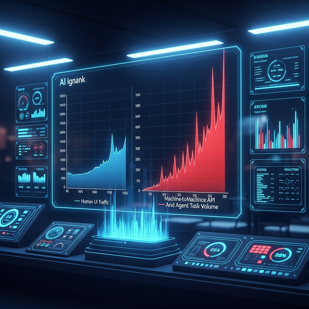 A glowing monitoring dashboard showing a sharp divergence: human UI traffic flat