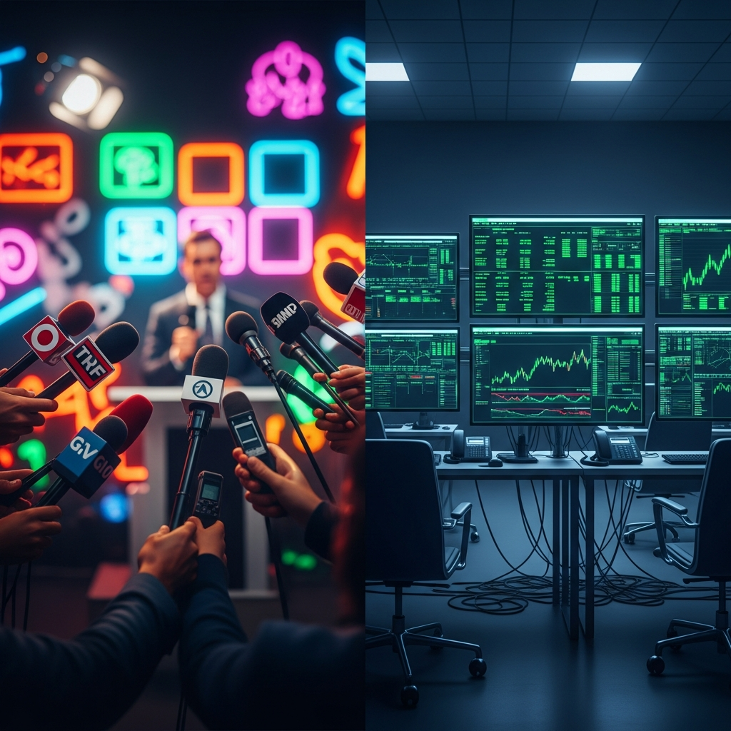 A split-screen visual: the left side shows a blurry, flashy neon press conferenc