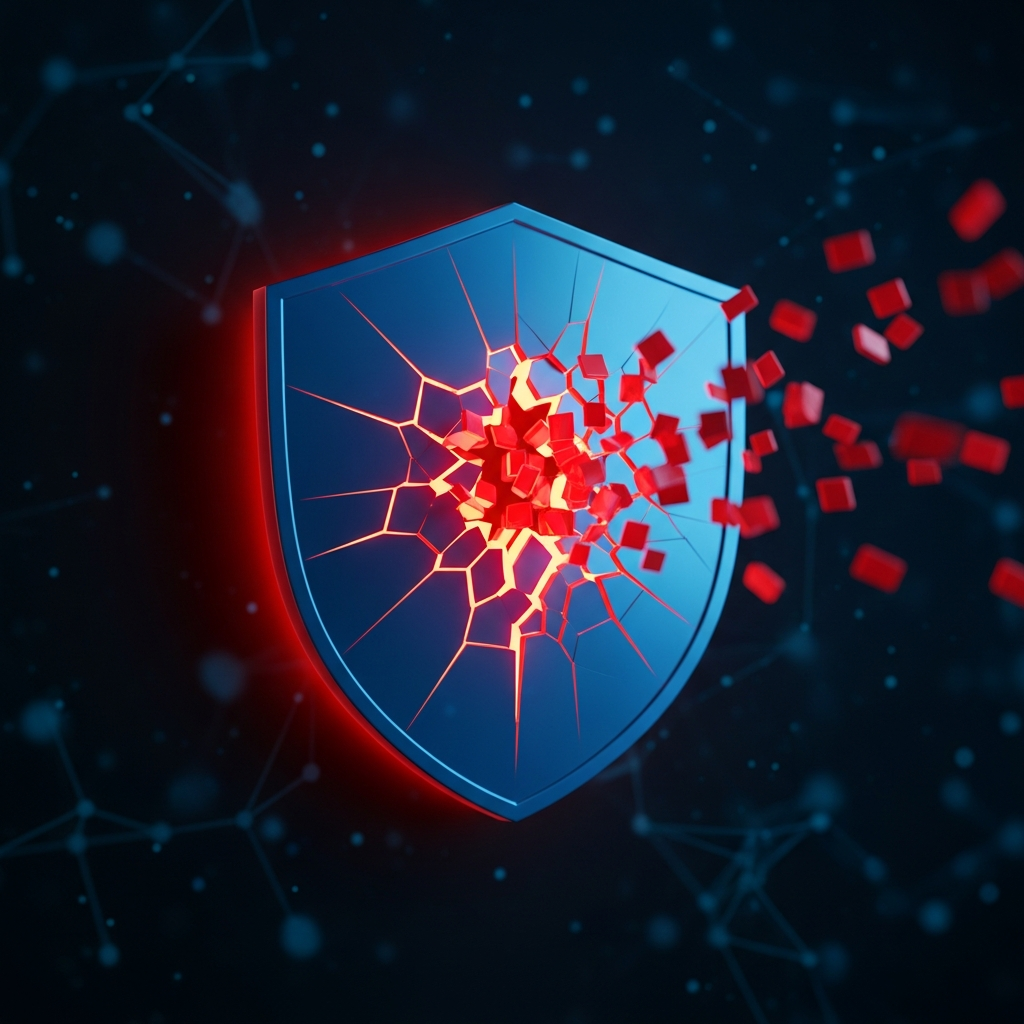 A minimalist visualization of a breached firewall—red data packets leaking throu