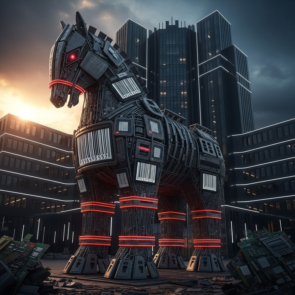 A metallic Trojan horse constructed from shopping carts and barcode scanners, st